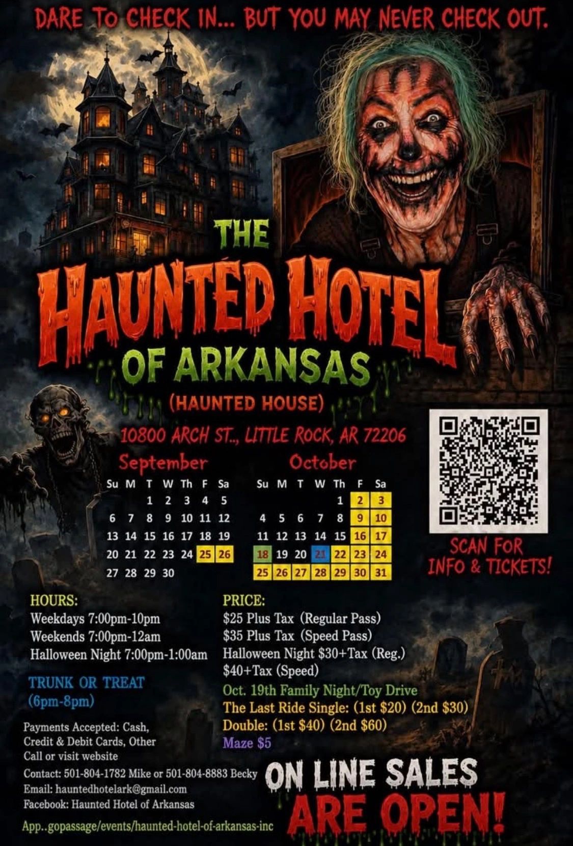 The Haunted Hotel of Arkansas 2026 season poster with full schedule and pricing